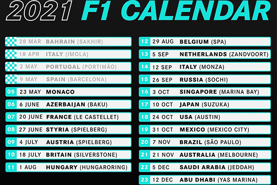Обновился календарь гонок Формулы 1 сезона 2021